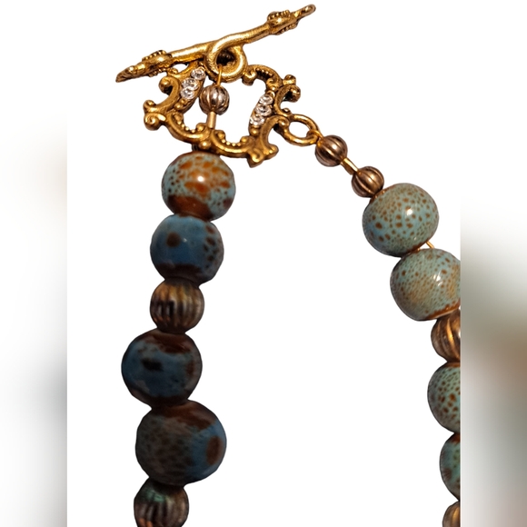 Aqua Green Glass Teardrop Shape With Calcilica Beads 20" Long - Picture 6 of 8